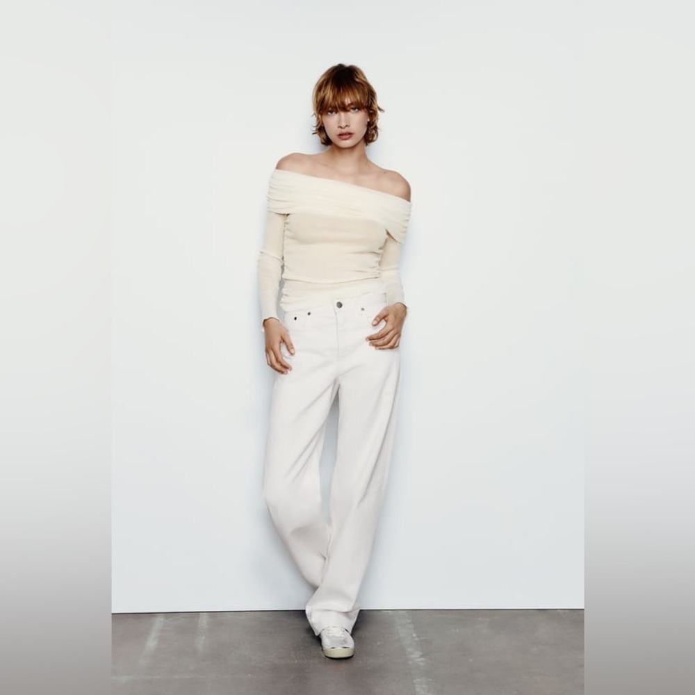 NWOT Zara Ruched Cotton Top In Ecru Size S